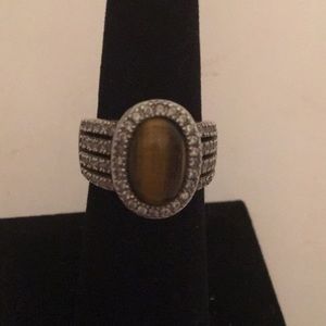 Joe Esposito Sterling Silver Oval Tiger Eye and Diamonique (Qvc) Ring